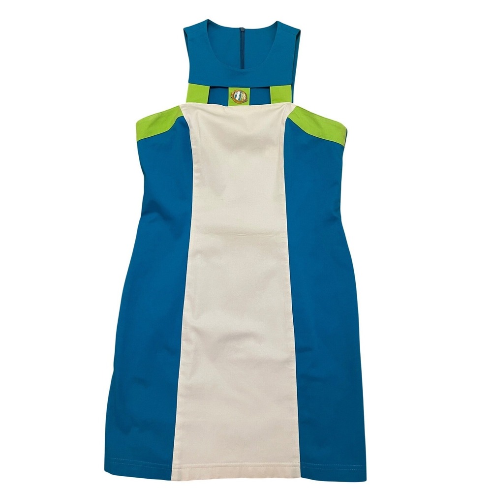 Linda Segal Vintage Dress Fish Brooch Cutout Colorblock Blue Green White 10